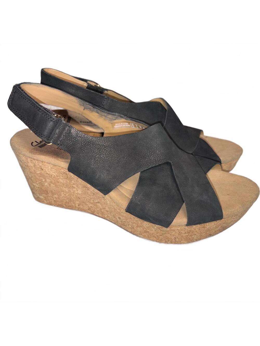 Clarks Black Leather Wedge Sandals Cork Heel Size 9 Summer Comfort